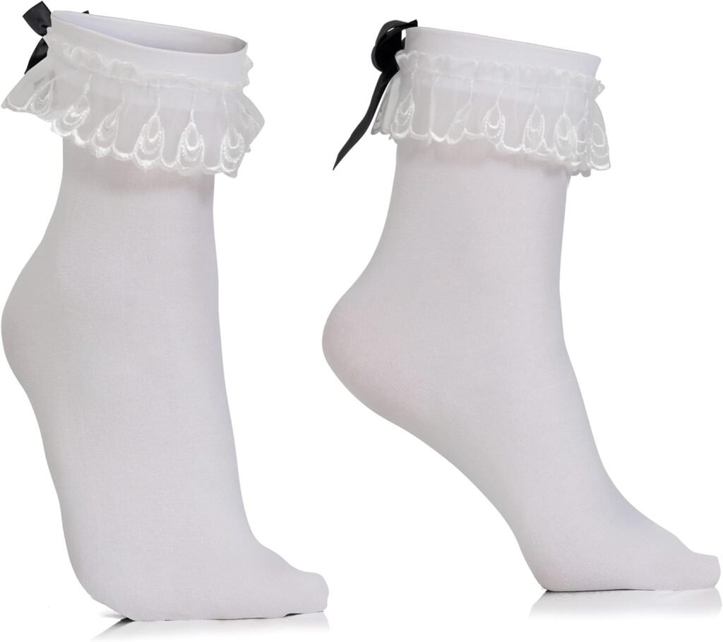 Skeleteen White Ruffled Anklet Socks - Frilly White Opaque Lace Ruffles Top Trim Bobby Sock With Black Satin Back Bow